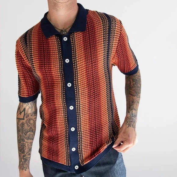 Massive Luxury Edition Men’s Orange and Navy Knit Polo Shirt - Picture 1 of 4